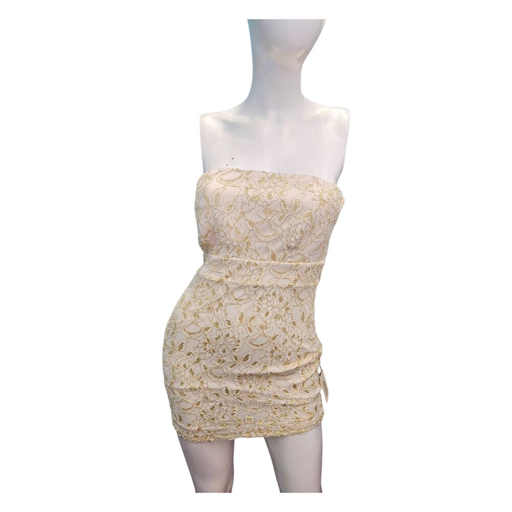 Forever 21 Cream and Gold Lace Strapless Mini Dress Womens Small NEW TAGS - Picture 2 of 9